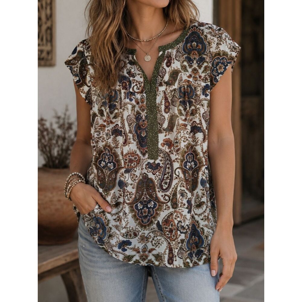 DR2 Paisley Print Peplum Blouse Medium Boho Split Neck Green Short Sleeve Top